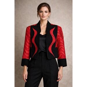 Lillie Rubin Embroidered Jacket Womens Large Red Black Cropped Evening Bolero